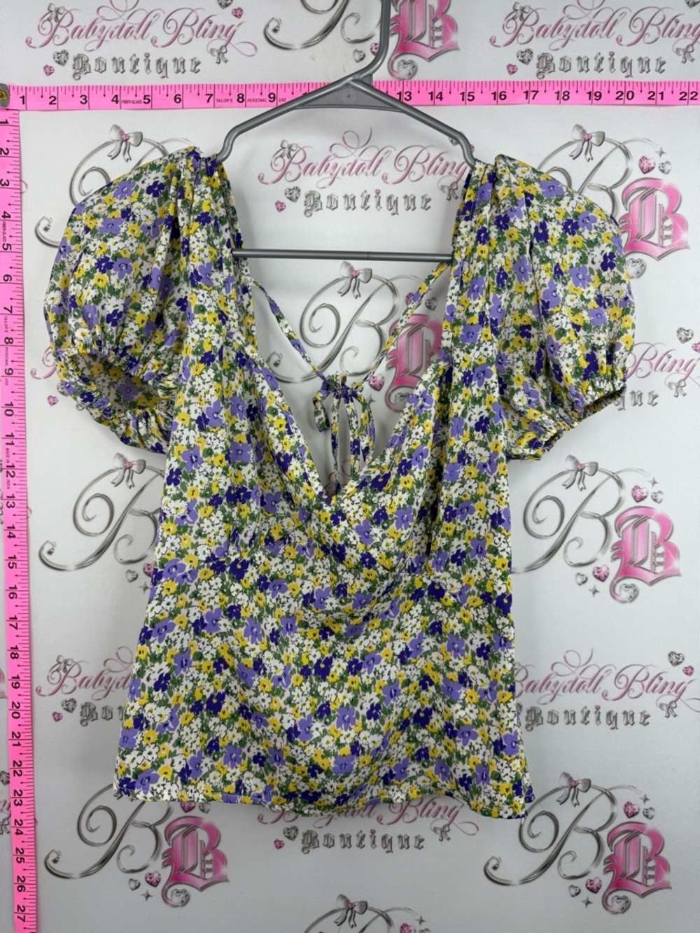 Missguided shirt floral Tie-Back Puff Sleeve Top - Purple, Yellow, Green, White
